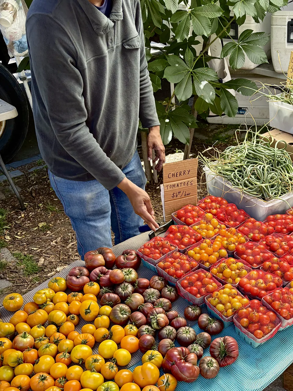 Heirloom and cherry tomatoes at a market stall